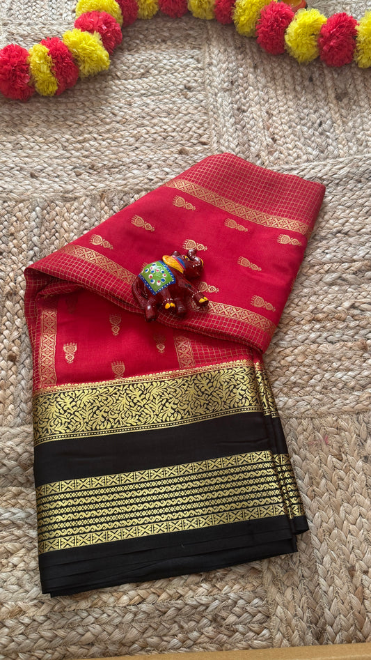 Pure Mysore Silk Saree - Jhumka Zari 2D Red and Black