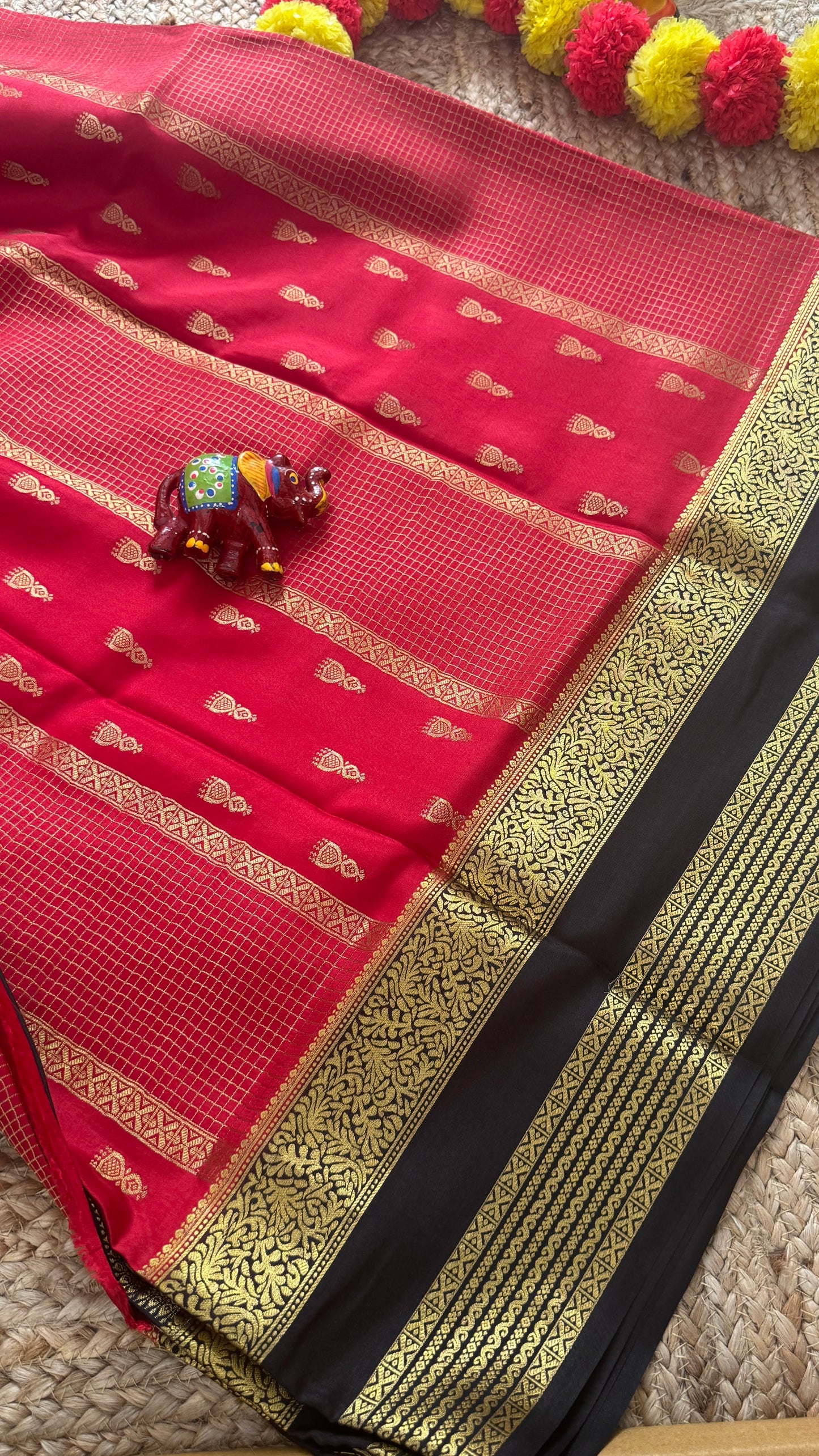 Pure Mysore Silk Saree - Jhumka Zari 2D Red and Black