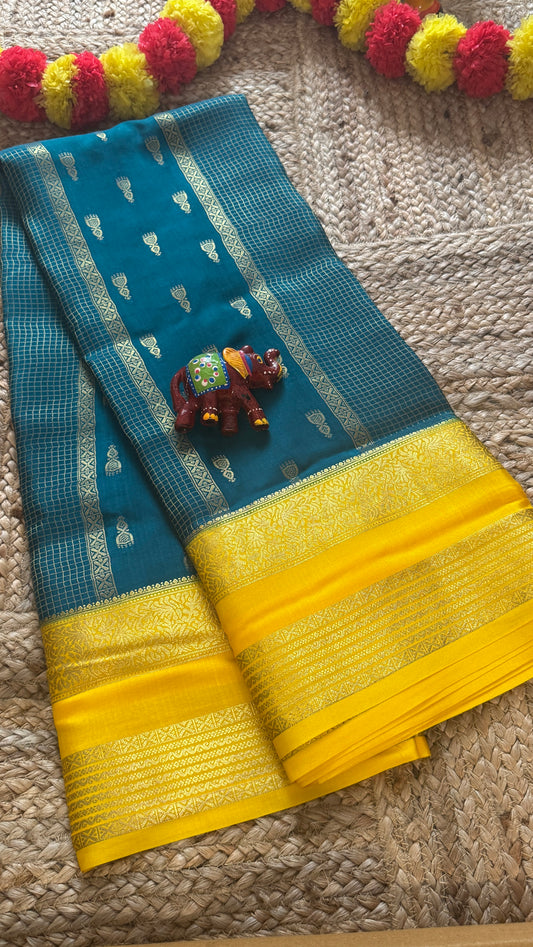 Pure Mysore Silk Saree - Jhumka Zari 2D Peacock Blue and Yellow