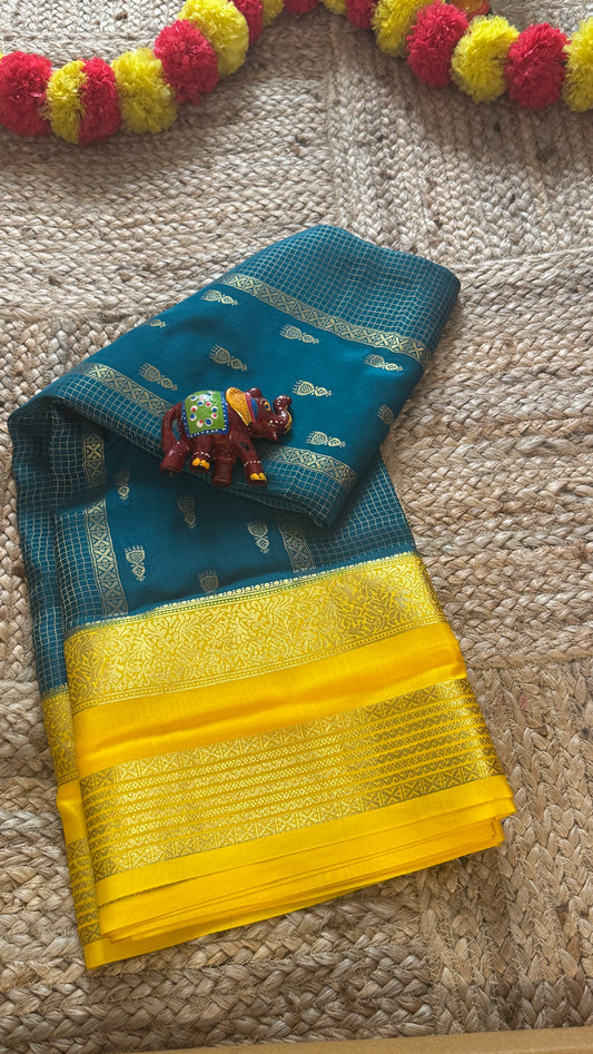 Pure Mysore Silk Saree - Jhumka Zari 2D Peacock Blue and Yellow