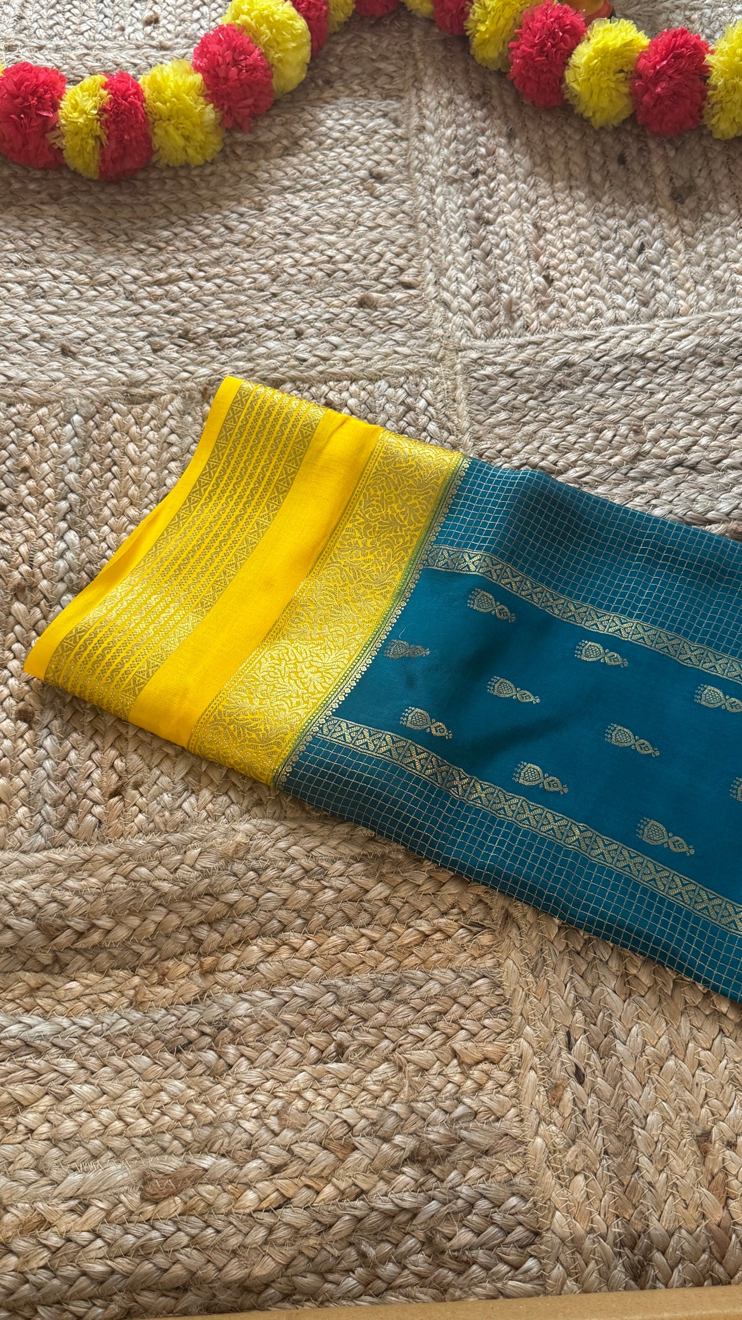 Pure Mysore Silk Saree - Jhumka Zari 2D Peacock Blue and Yellow