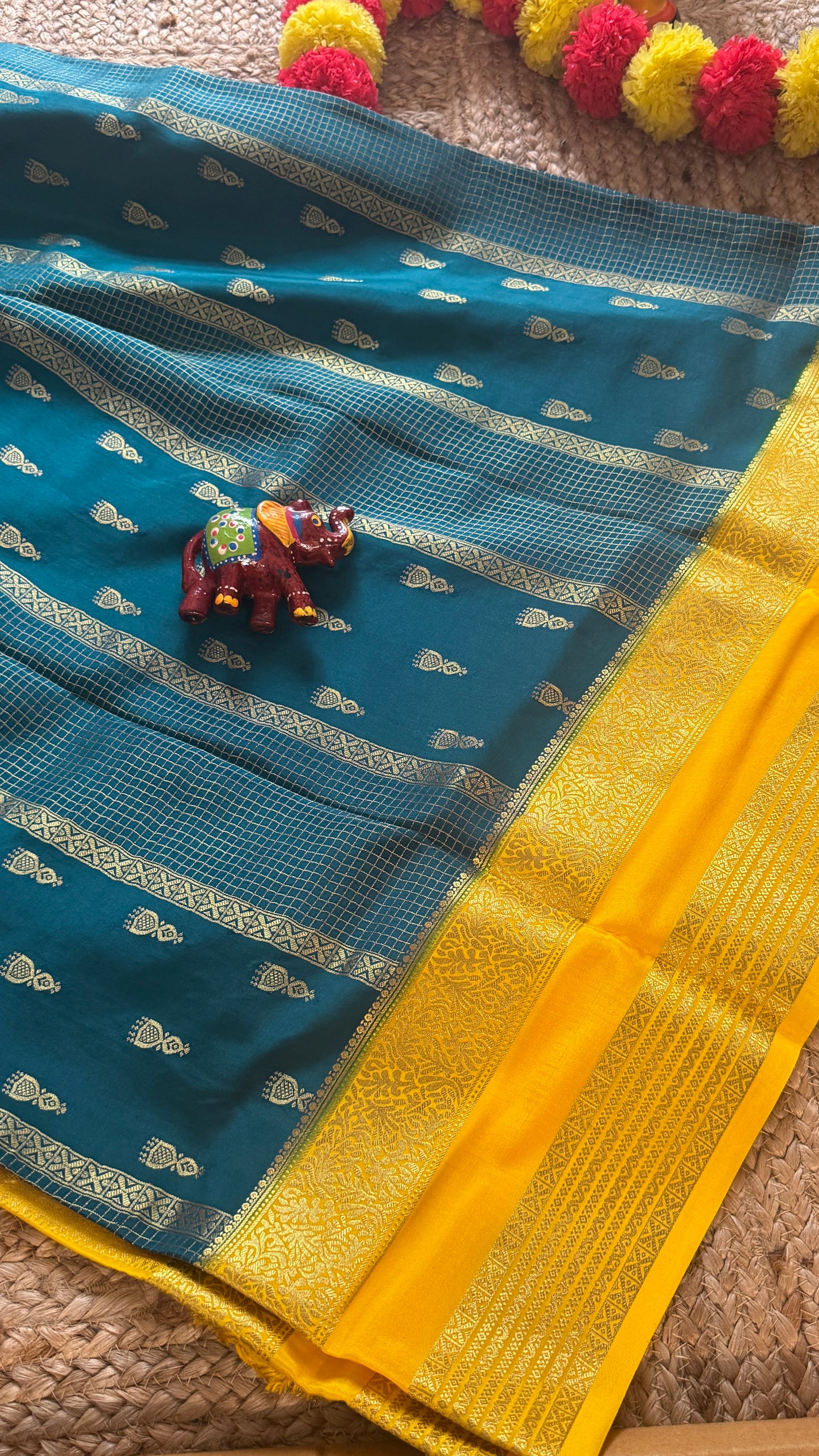 Pure Mysore Silk Saree - Jhumka Zari 2D Peacock Blue and Yellow