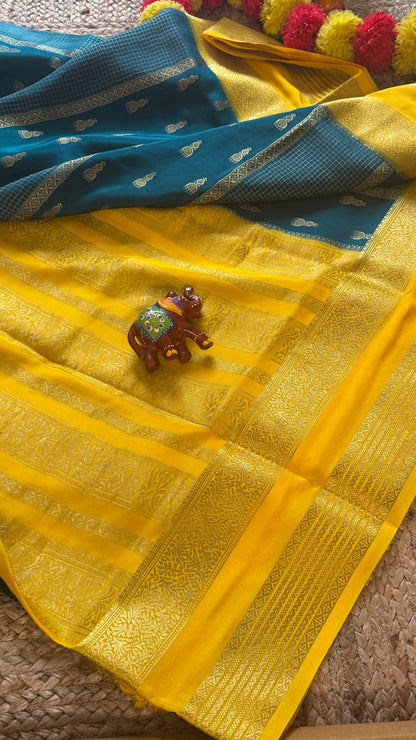 Pure Mysore Silk Saree - Jhumka Zari 2D Peacock Blue and Yellow