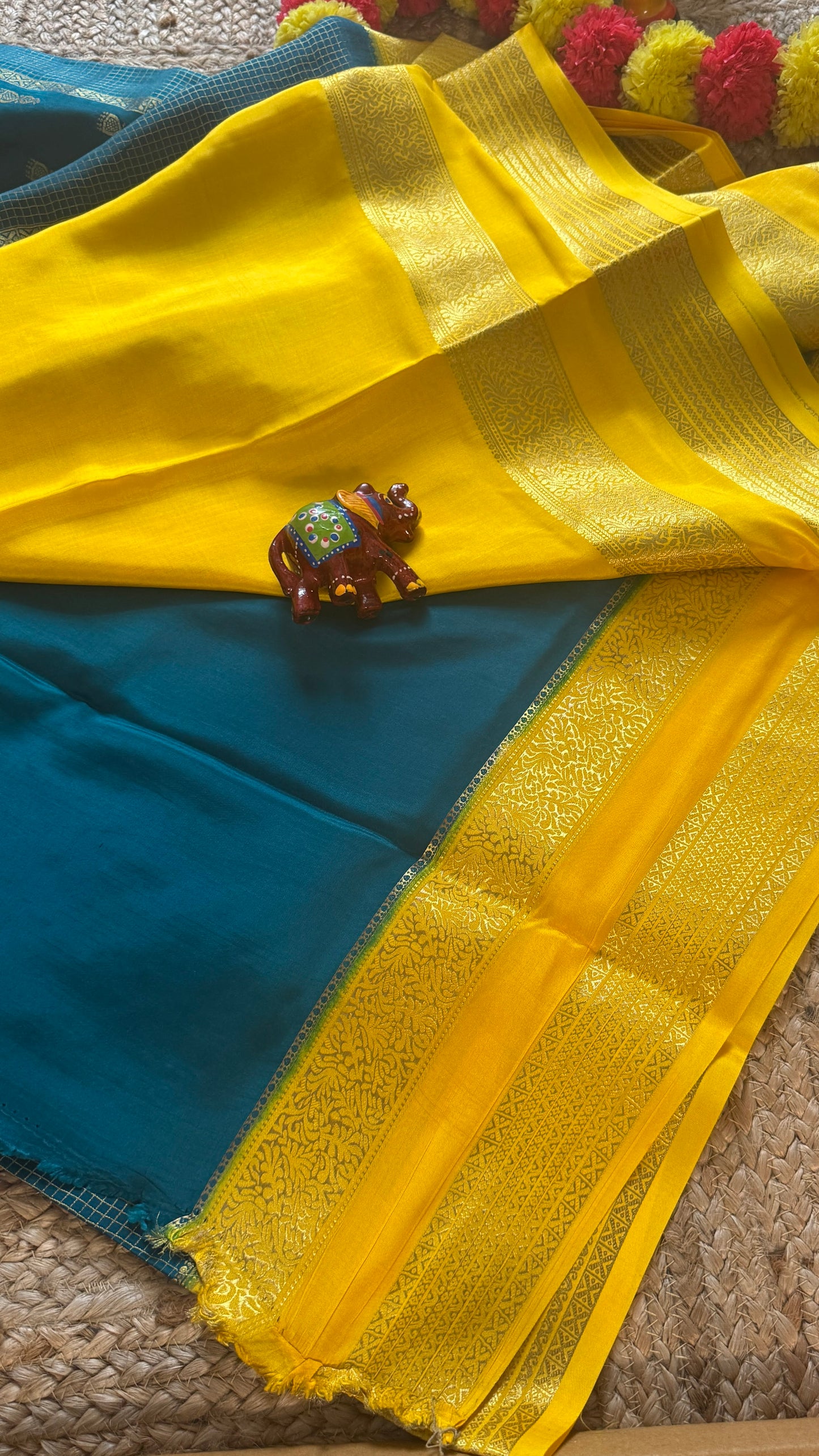 Pure Mysore Silk Saree - Jhumka Zari 2D Peacock Blue and Yellow