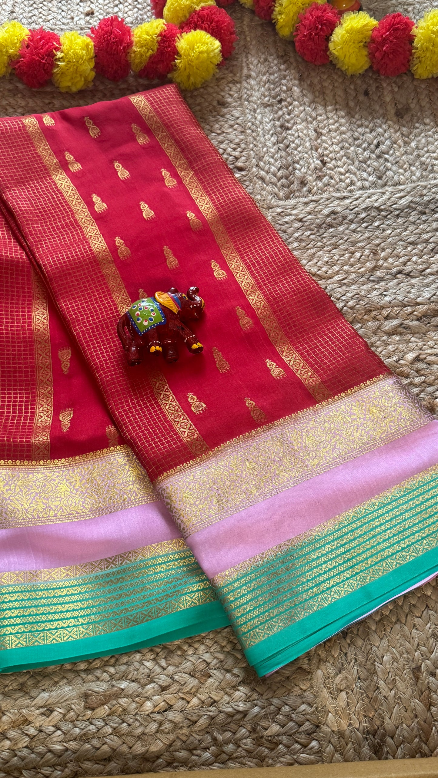Pure Mysore Silk Saree - Jhumka Zari 3D Red Pink and Green