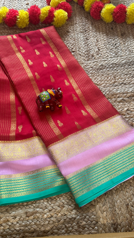 Pure Mysore Silk Saree - Jhumka Zari 3D Red Pink and Green