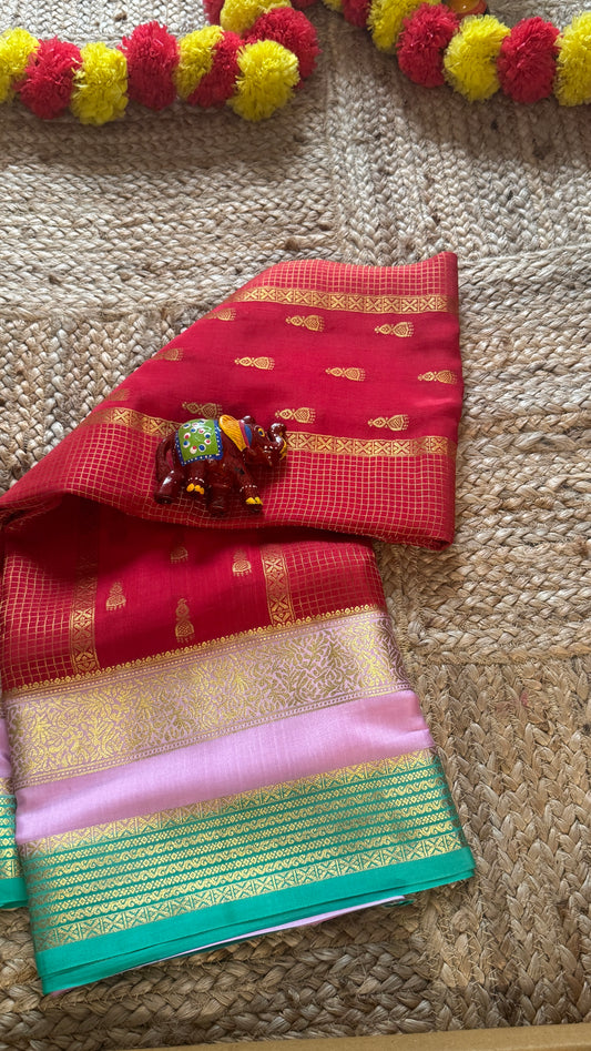 Pure Mysore Silk Saree - Jhumka Zari 3D Red Pink and Green