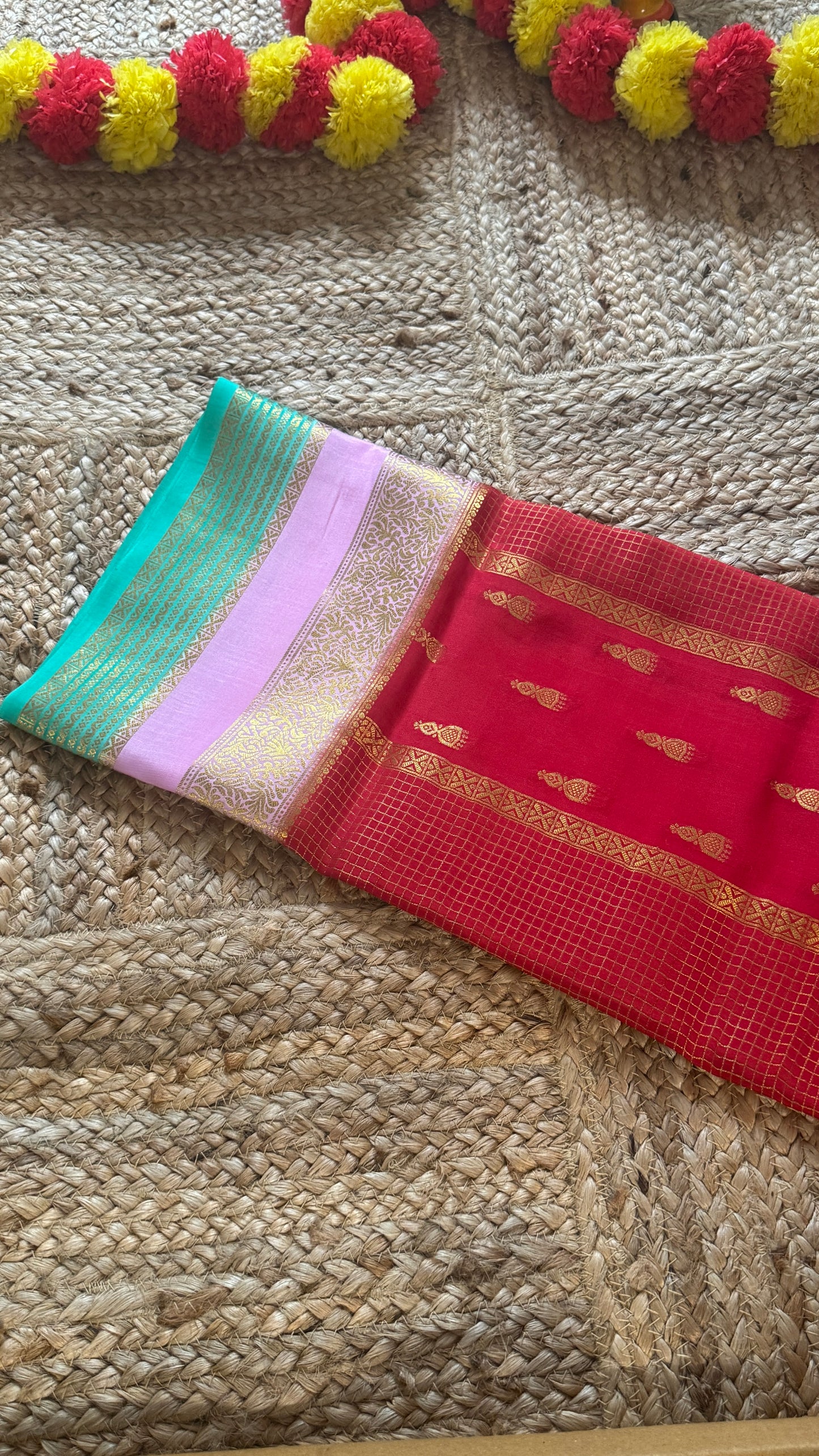 Pure Mysore Silk Saree - Jhumka Zari 3D Red Pink and Green