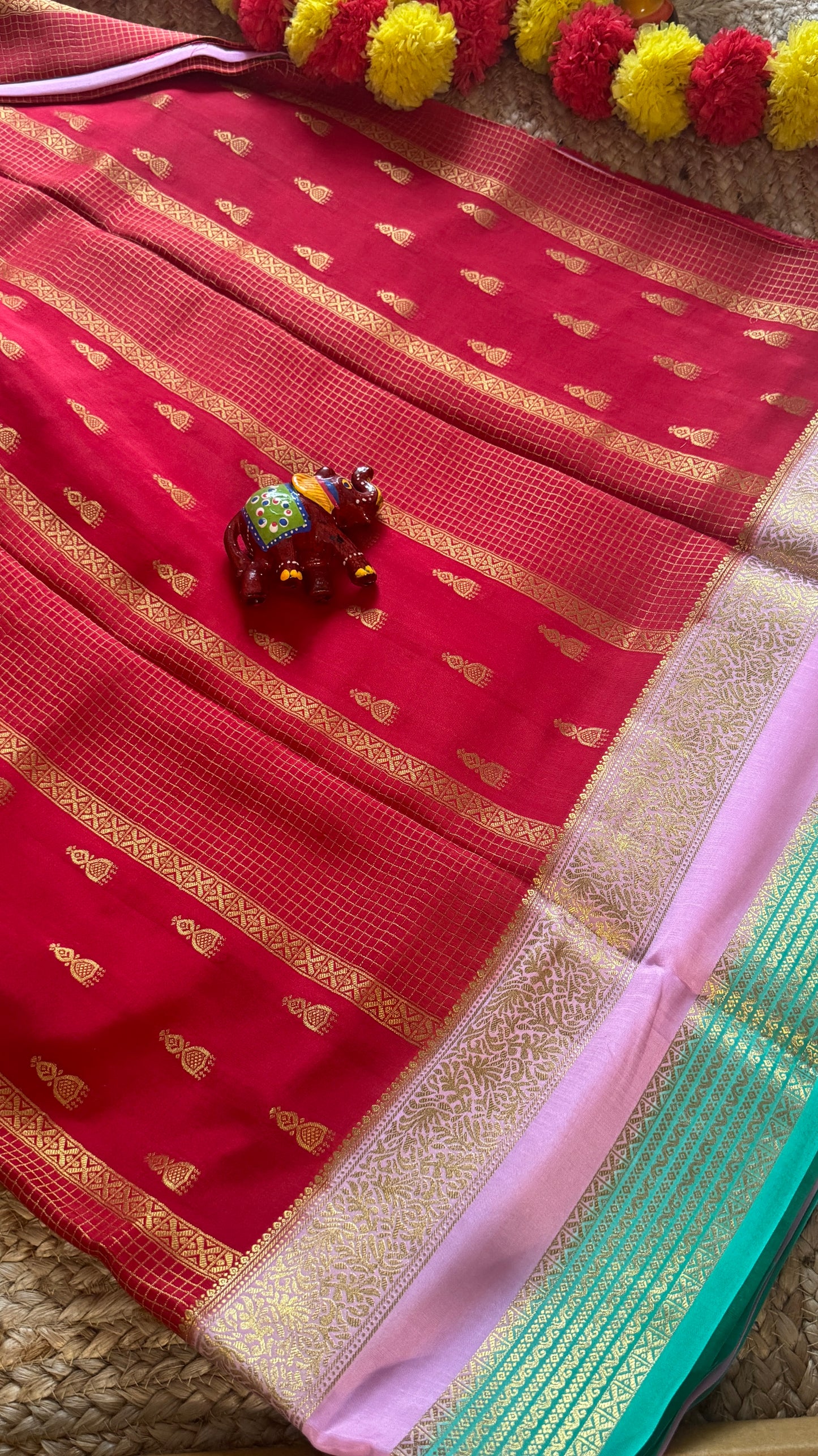 Pure Mysore Silk Saree - Jhumka Zari 3D Red Pink and Green
