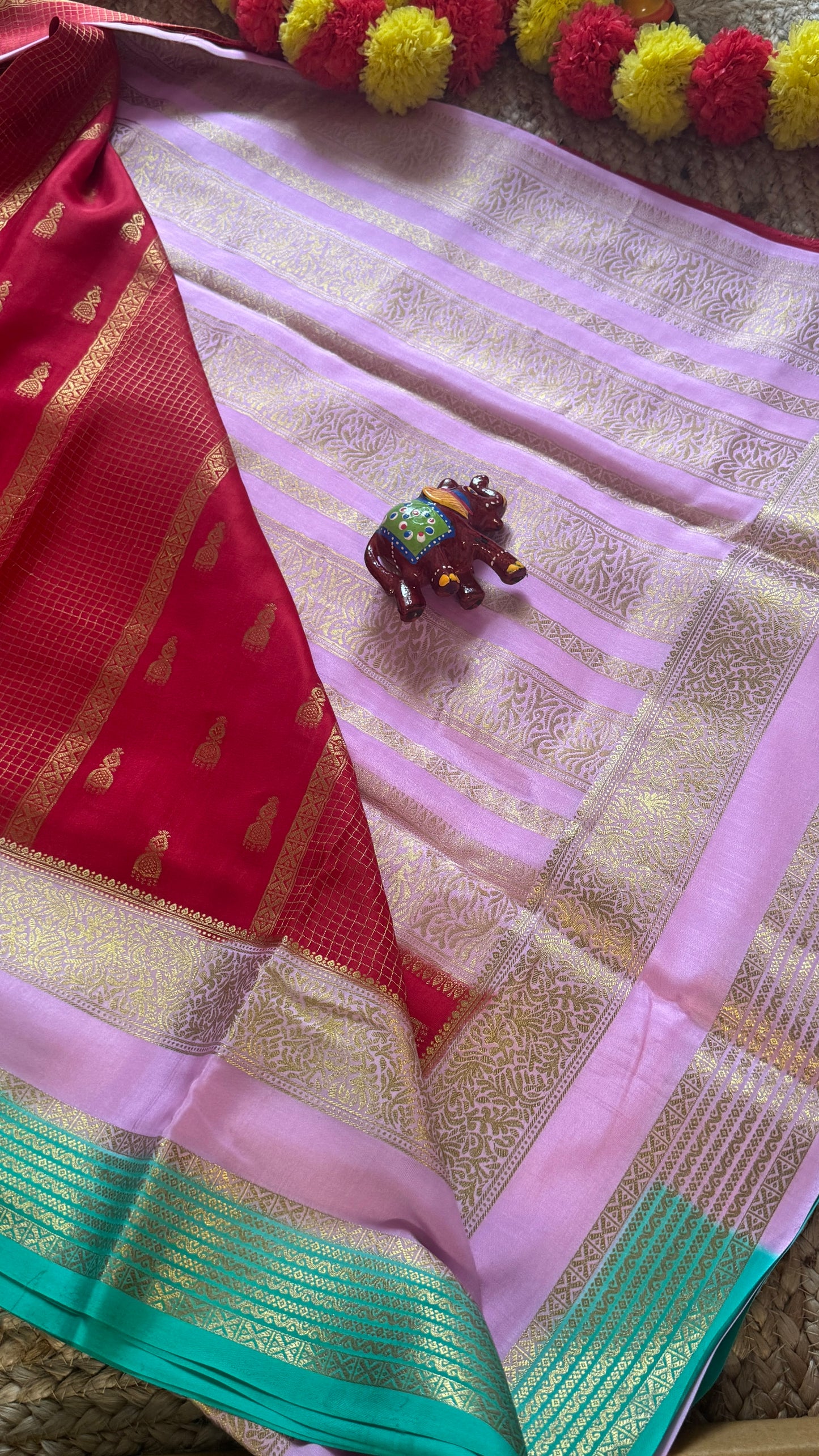 Pure Mysore Silk Saree - Jhumka Zari 3D Red Pink and Green