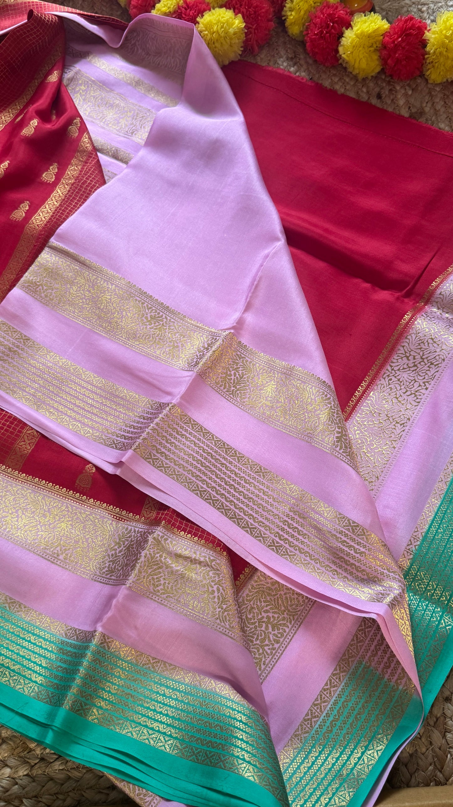Pure Mysore Silk Saree - Jhumka Zari 3D Red Pink and Green
