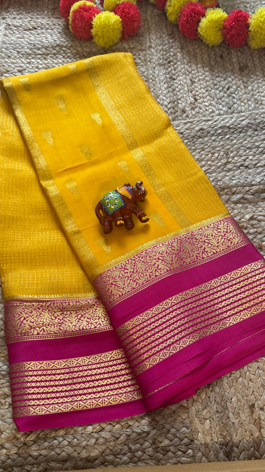 Pure Mysore Silk Saree - Jhumka Zari 2D Yellow and Pink