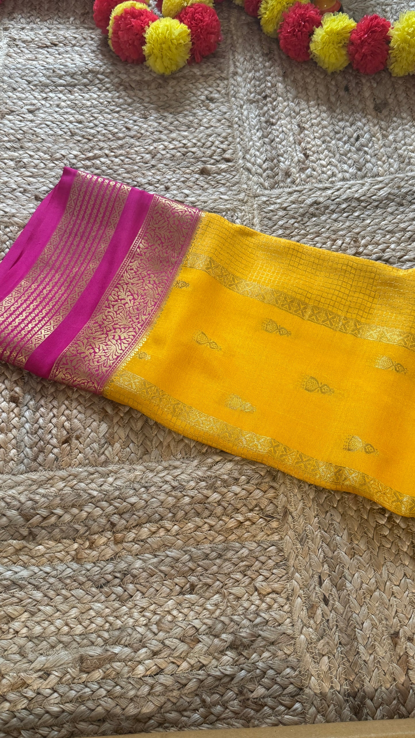 Pure Mysore Silk Saree - Jhumka Zari 2D Yellow and Pink
