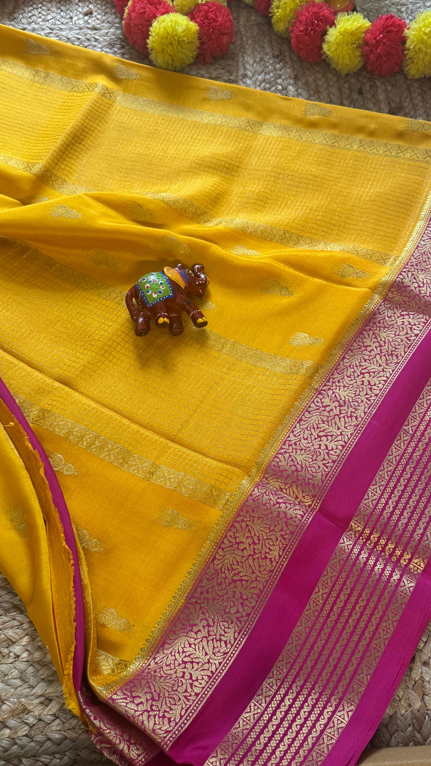 Pure Mysore Silk Saree - Jhumka Zari 2D Yellow and Pink