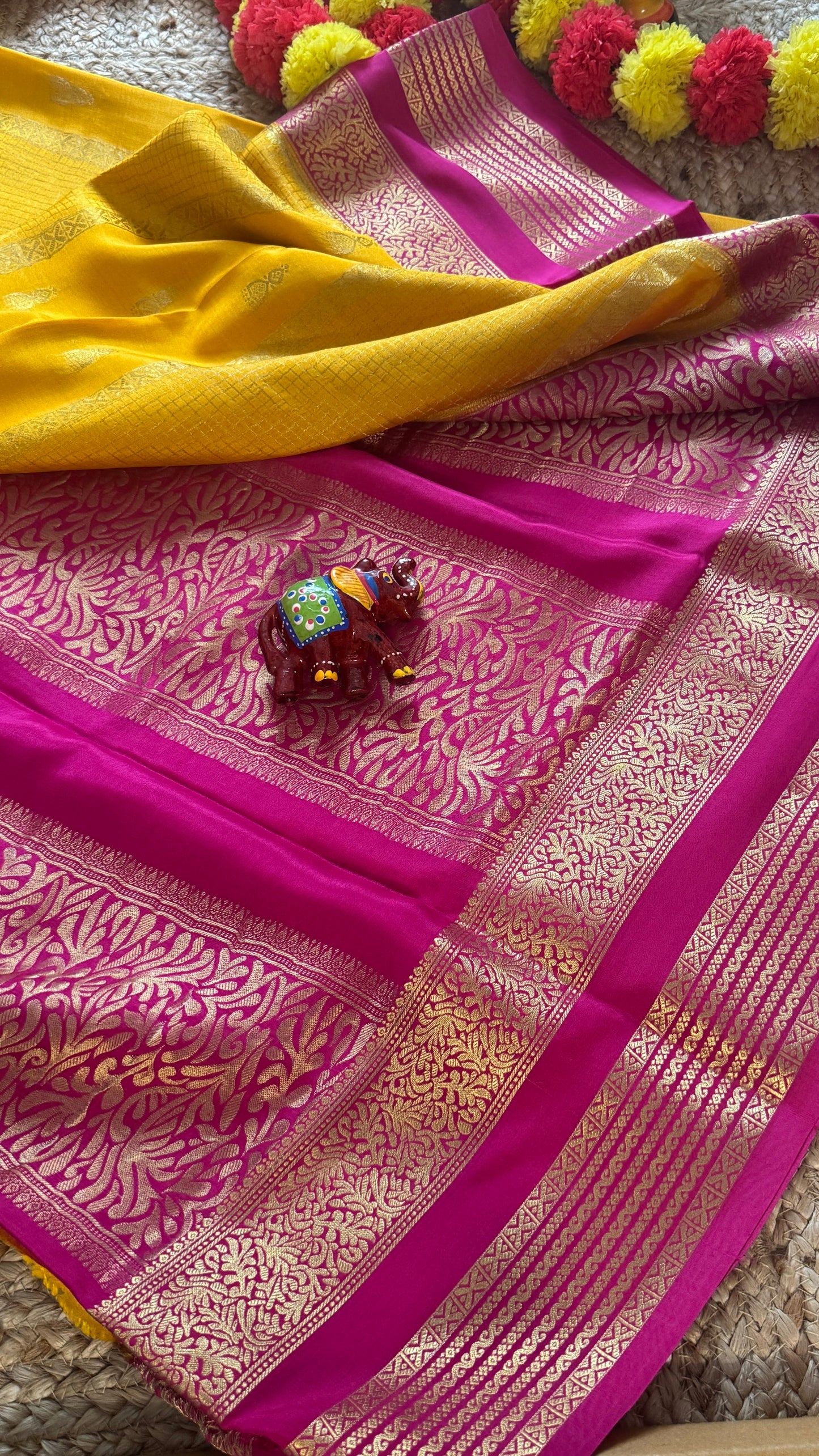 Pure Mysore Silk Saree - Jhumka Zari 2D Yellow and Pink