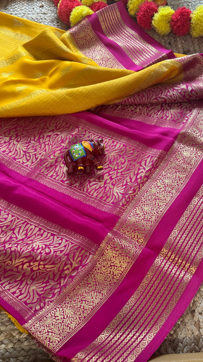 Pure Mysore Silk Saree - Jhumka Zari 2D Yellow and Pink