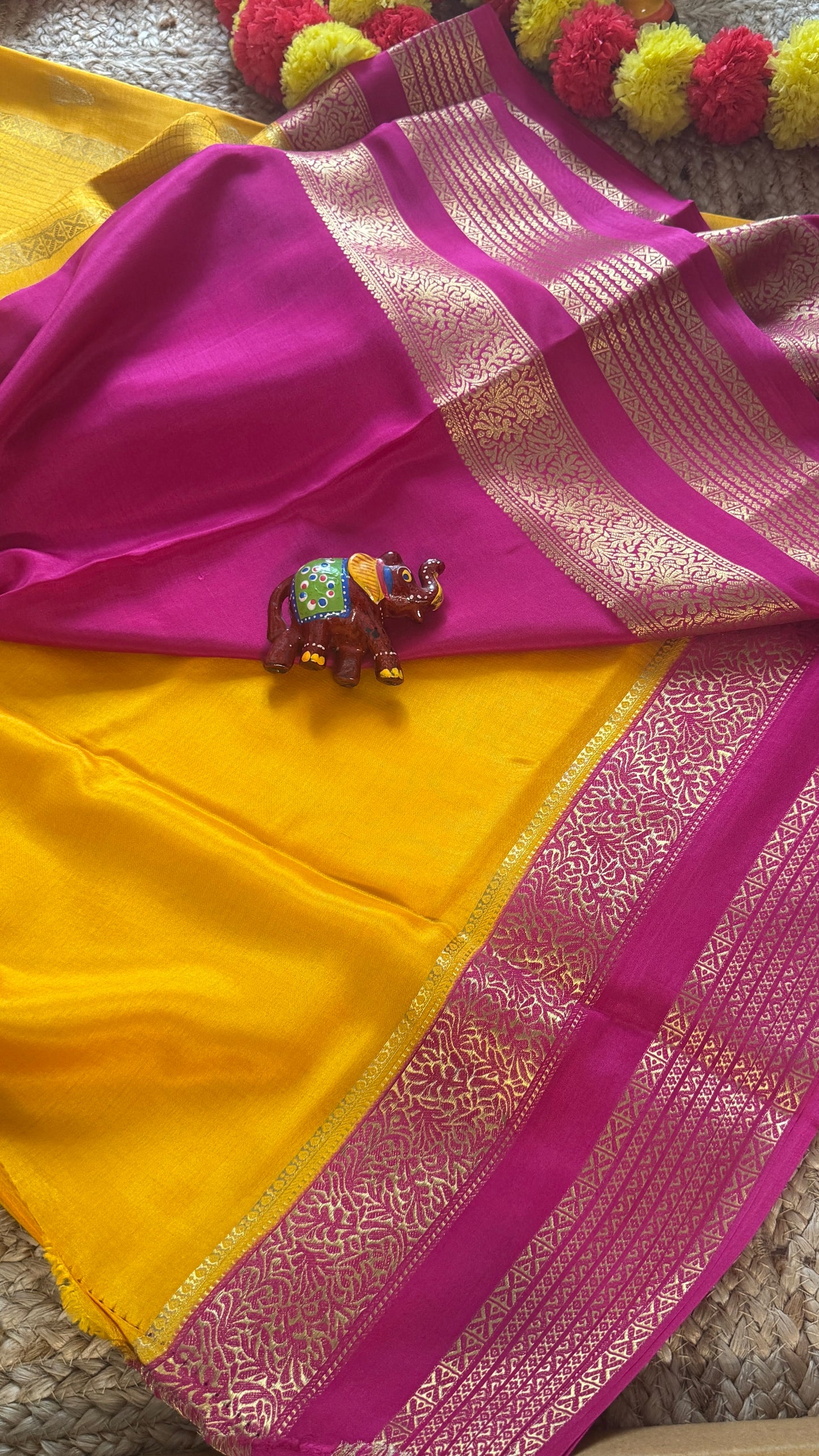 Pure Mysore Silk Saree - Jhumka Zari 2D Yellow and Pink