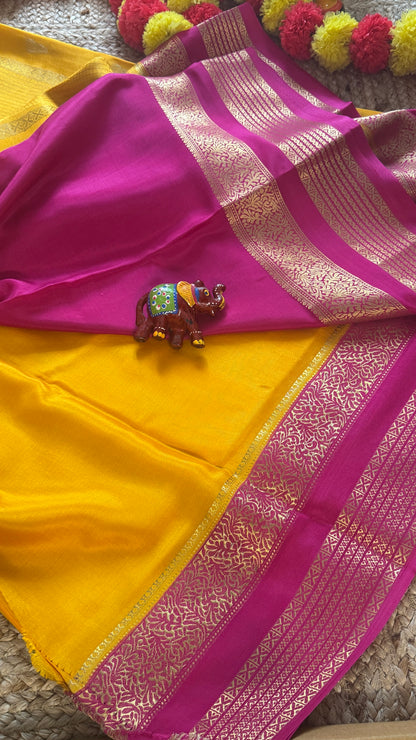 Pure Mysore Silk Saree - Jhumka Zari 2D Yellow and Pink