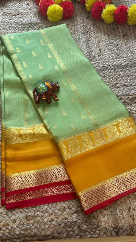 Pure Mysore Silk Saree - Jhumka Zari 3D Pista Green Mustard and Pink