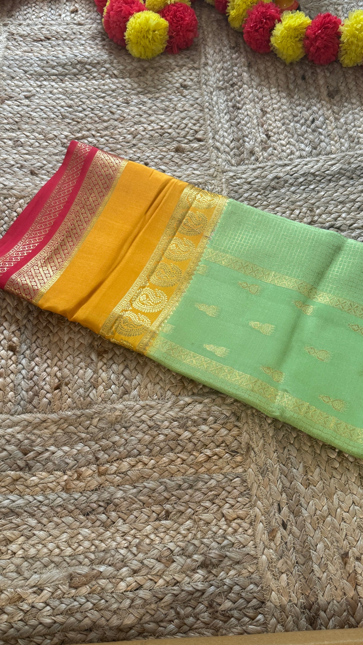 Pure Mysore Silk Saree - Jhumka Zari 3D Pista Green Mustard and Pink