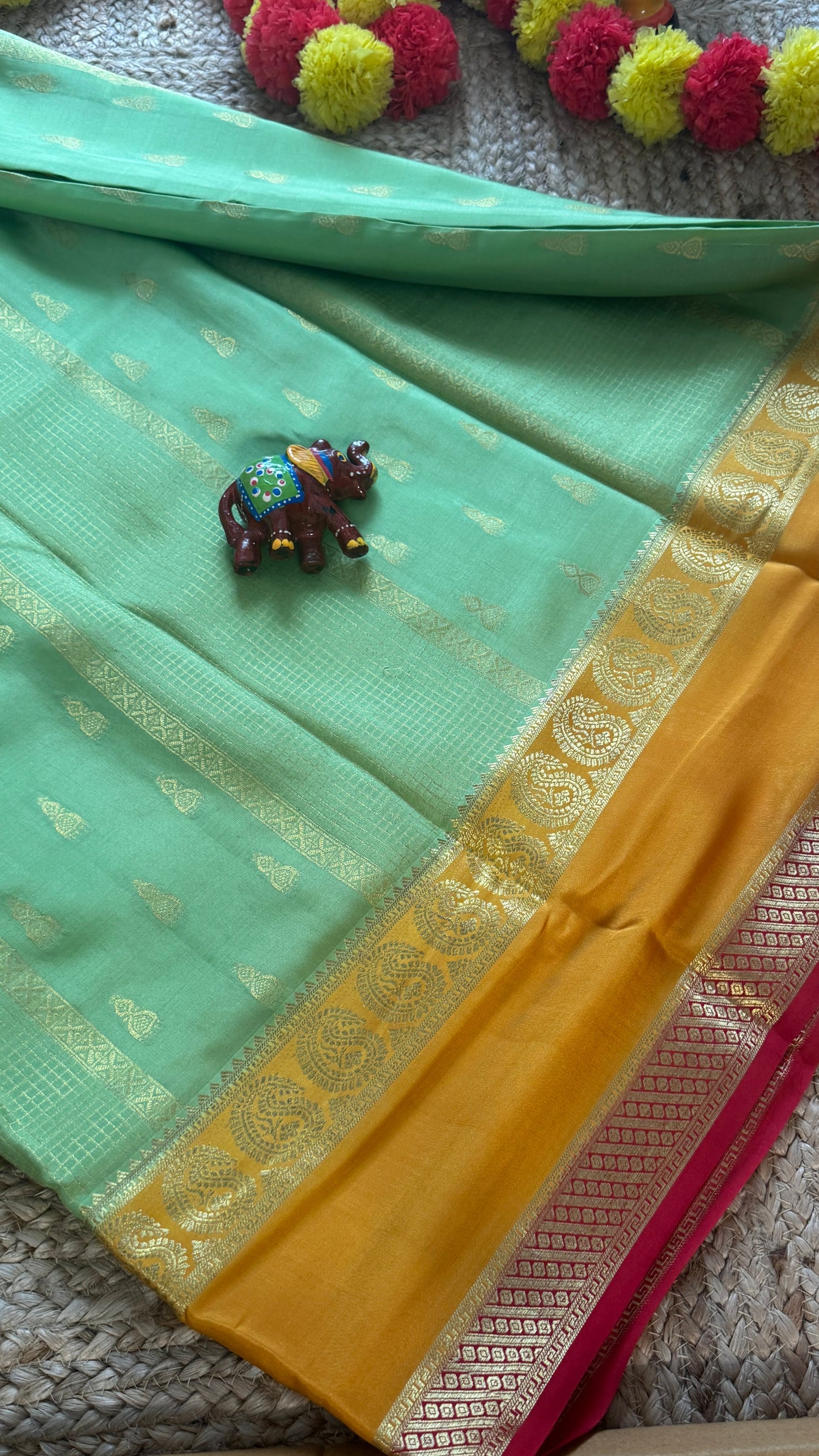 Pure Mysore Silk Saree - Jhumka Zari 3D Pista Green Mustard and Pink