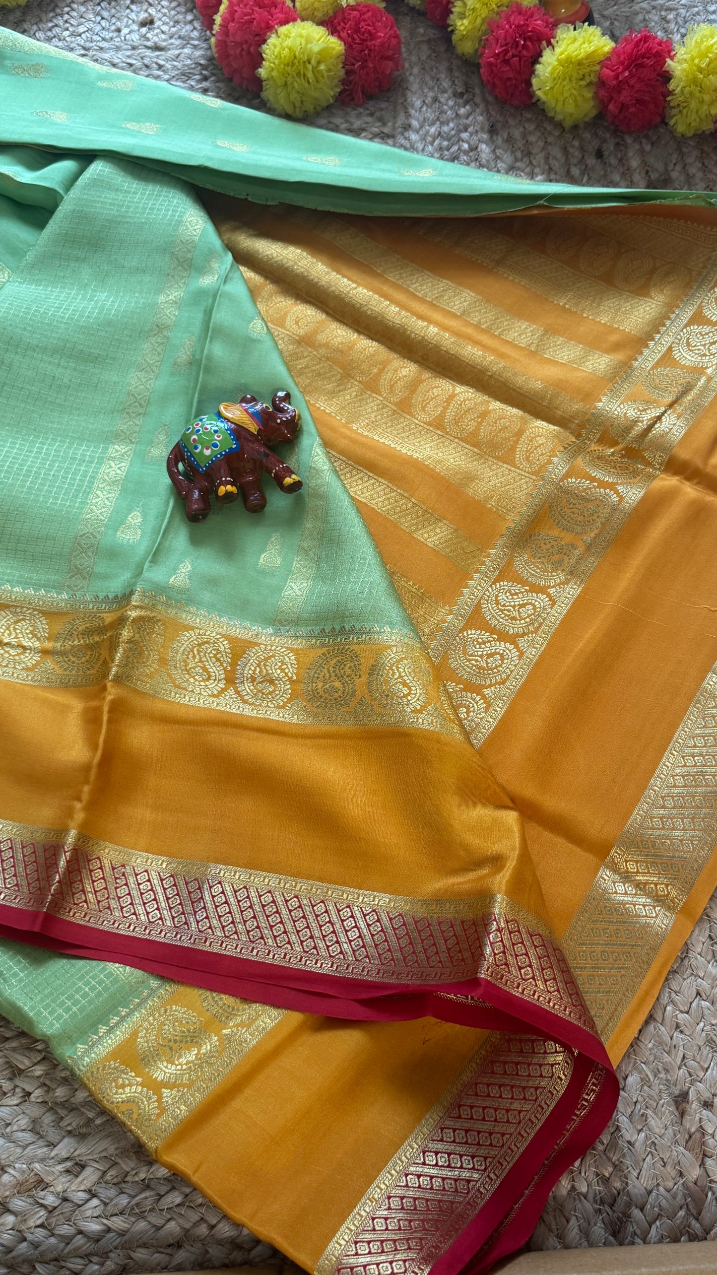 Pure Mysore Silk Saree - Jhumka Zari 3D Pista Green Mustard and Pink