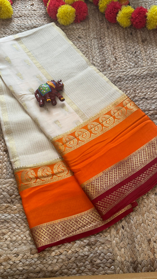 Pure Mysore Silk Saree - Jhumka Zari 3D Off White Orange and Maroon