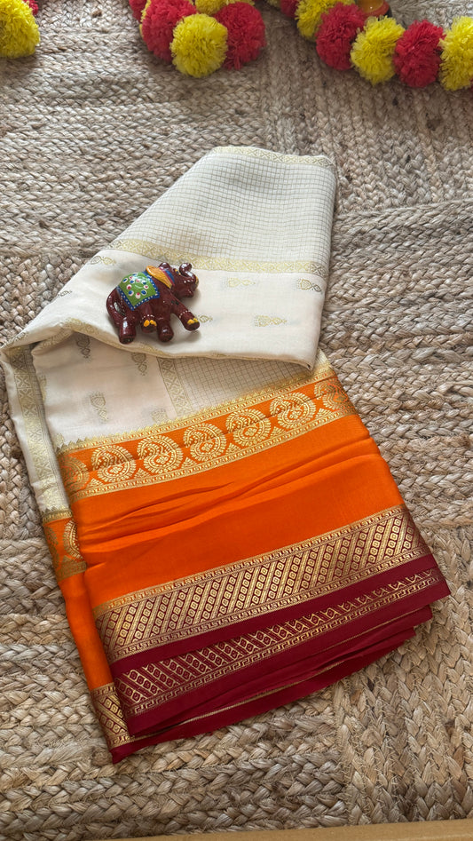 Pure Mysore Silk Saree - Jhumka Zari 3D Off White Orange and Maroon