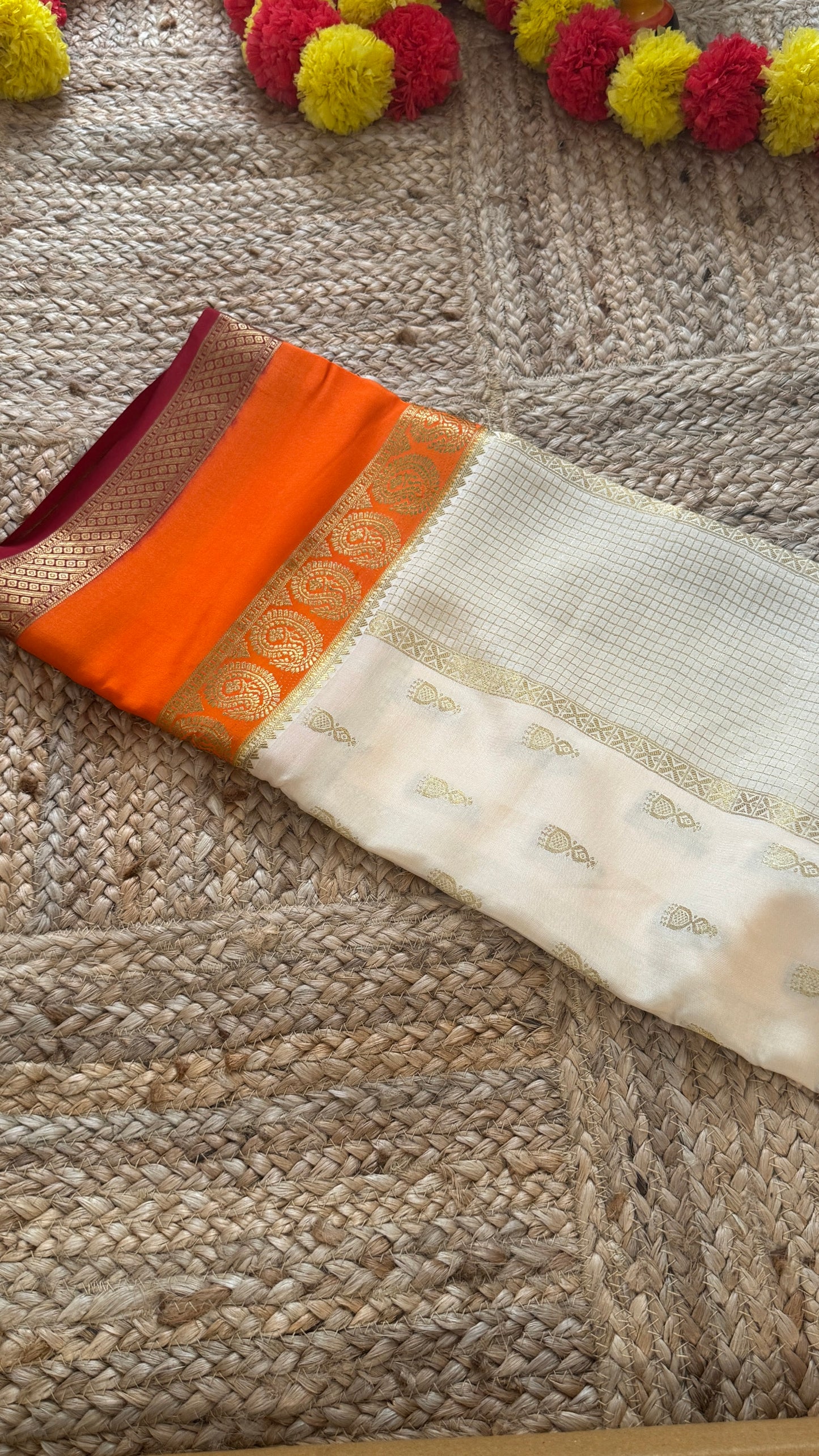 Pure Mysore Silk Saree - Jhumka Zari 3D Off White Orange and Maroon