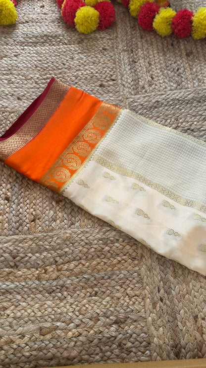 Pure Mysore Silk Saree - Jhumka Zari 3D Off White Orange and Maroon