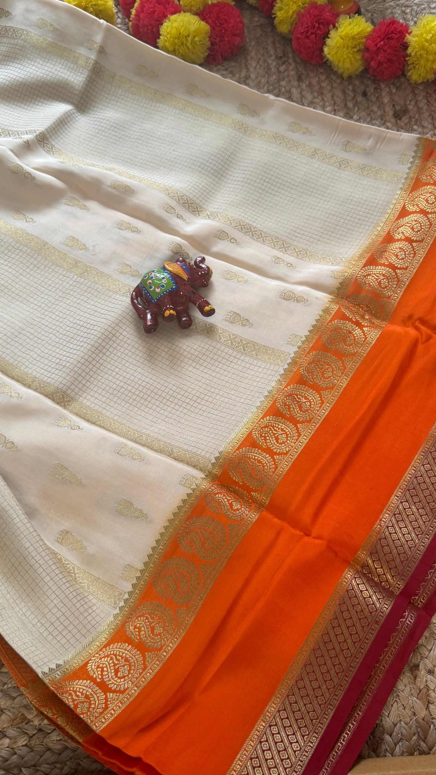 Pure Mysore Silk Saree - Jhumka Zari 3D Off White Orange and Maroon