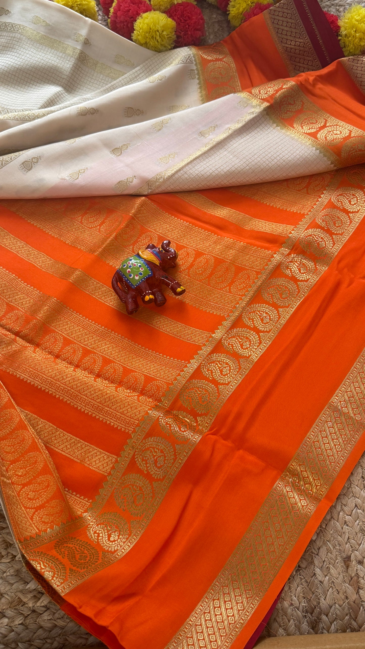 Pure Mysore Silk Saree - Jhumka Zari 3D Off White Orange and Maroon