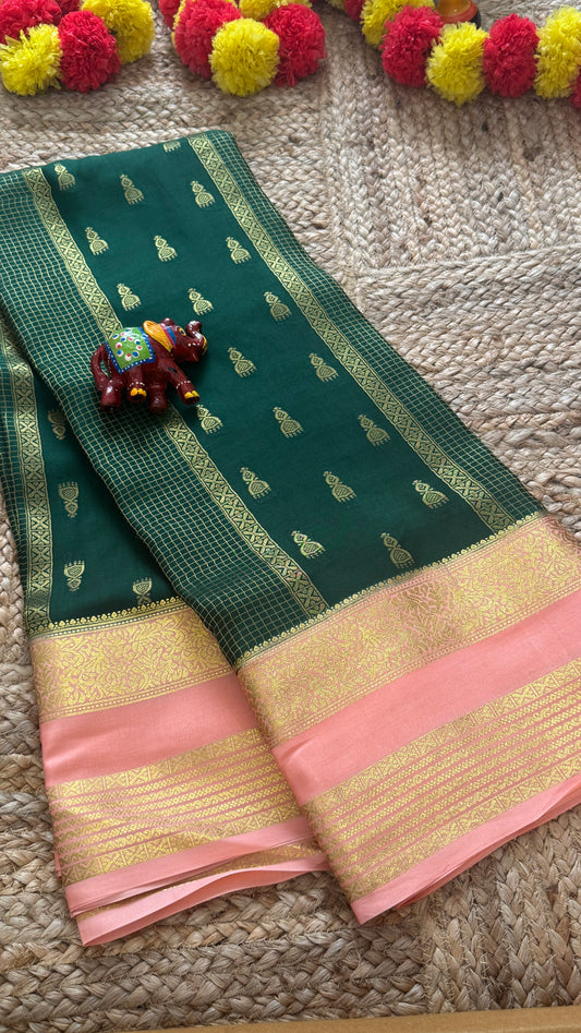 Pure Mysore Silk Saree - Jhumka Zari 2D Dark Green and Peach