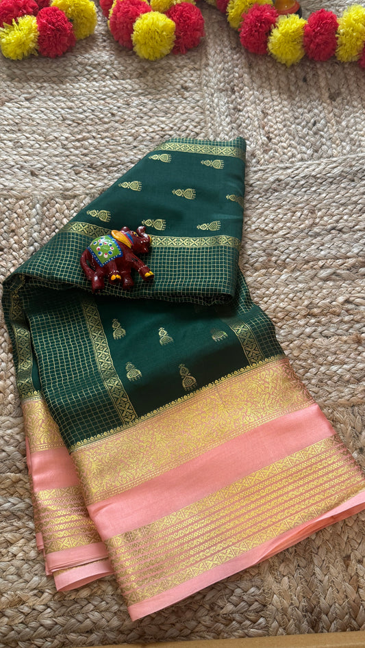 Pure Mysore Silk Saree - Jhumka Zari 2D Dark Green and Peach