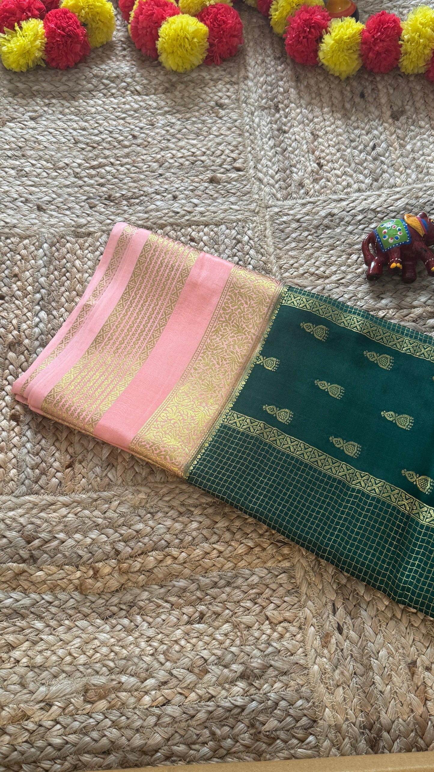 Pure Mysore Silk Saree - Jhumka Zari 2D Dark Green and Peach