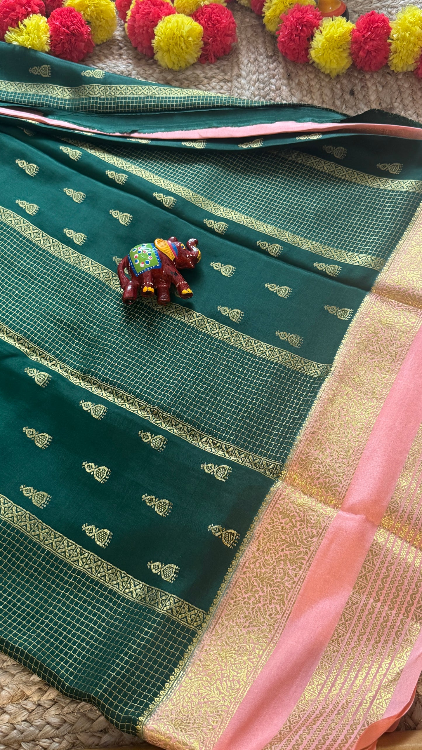 Pure Mysore Silk Saree - Jhumka Zari 2D Dark Green and Peach
