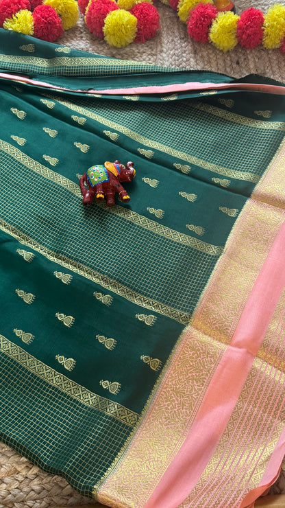 Pure Mysore Silk Saree - Jhumka Zari 2D Dark Green and Peach