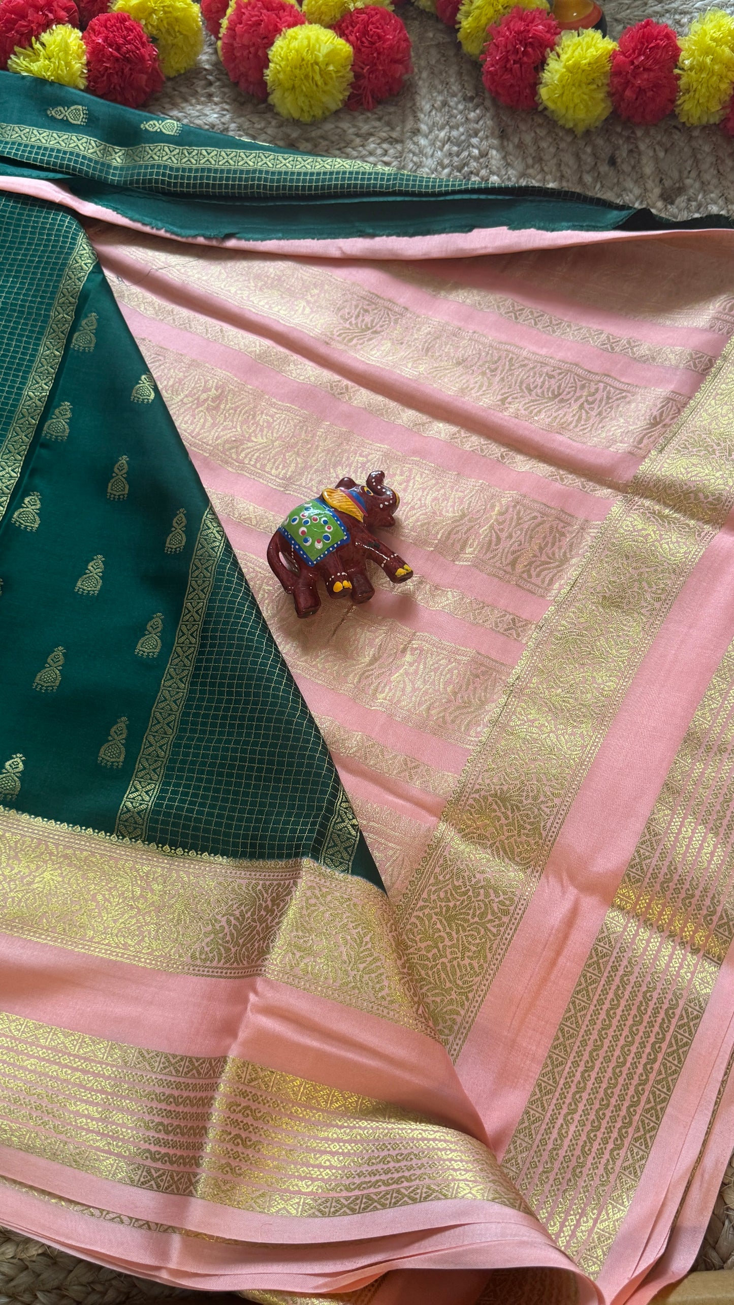Pure Mysore Silk Saree - Jhumka Zari 2D Dark Green and Peach