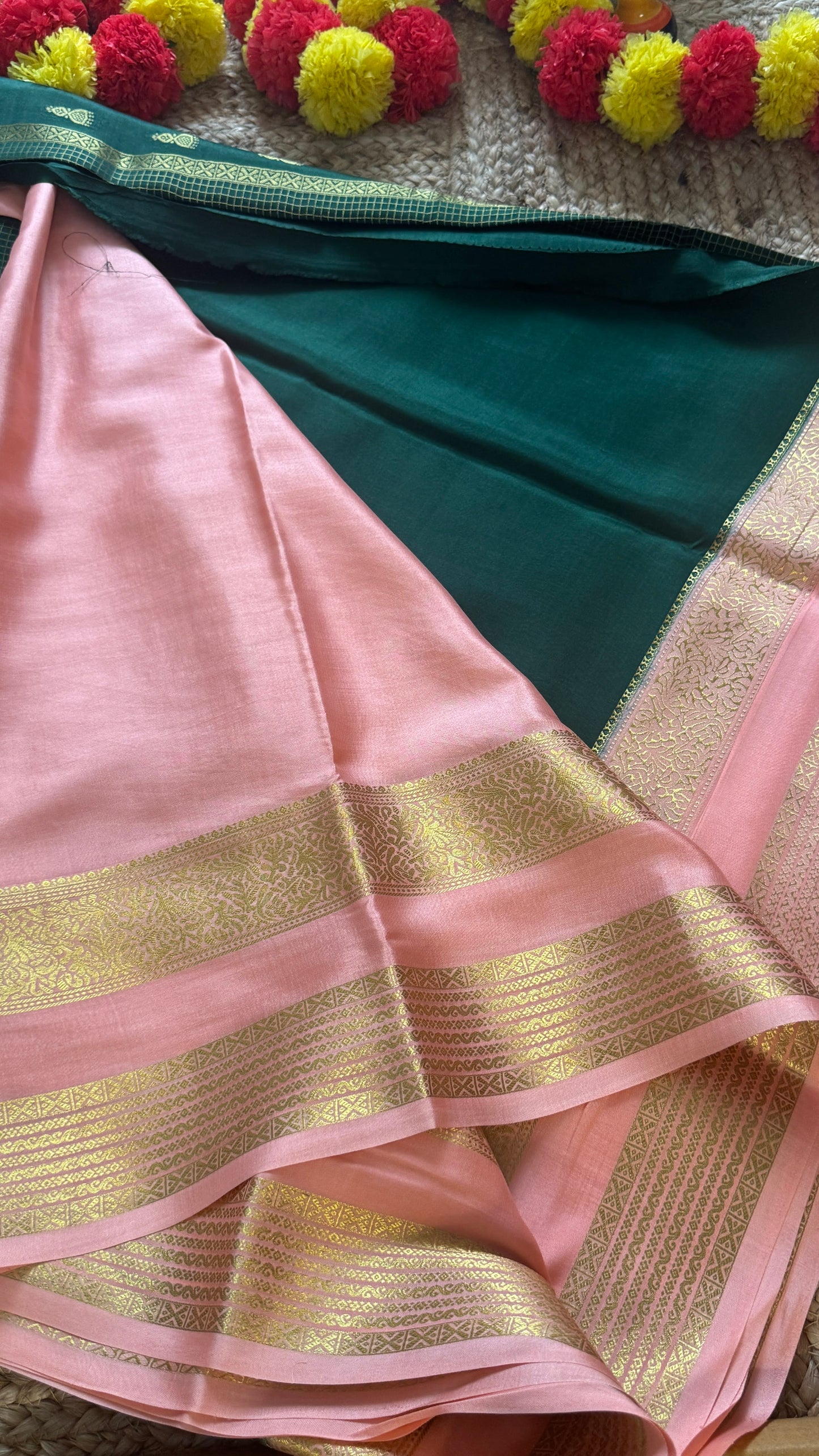 Pure Mysore Silk Saree - Jhumka Zari 2D Dark Green and Peach