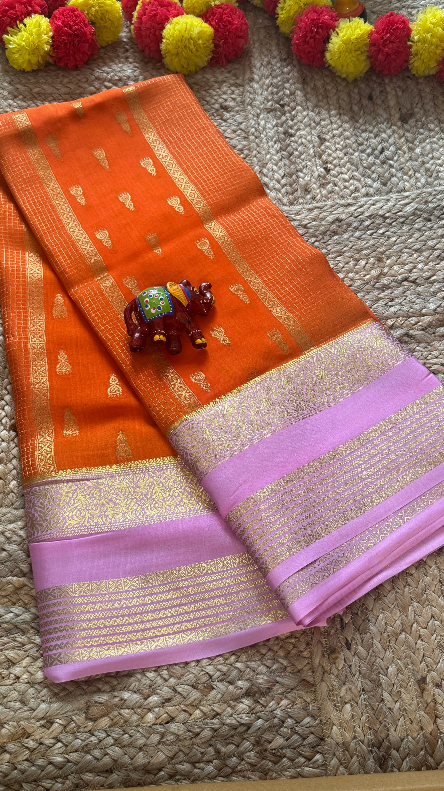 Pure Mysore Silk Saree - Jhumka Zari 2D Orange and Baby Pink
