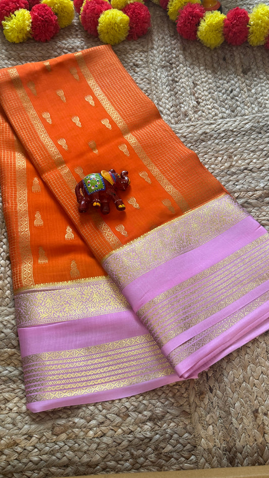 Pure Mysore Silk Saree - Jhumka Zari 2D Orange and Baby Pink
