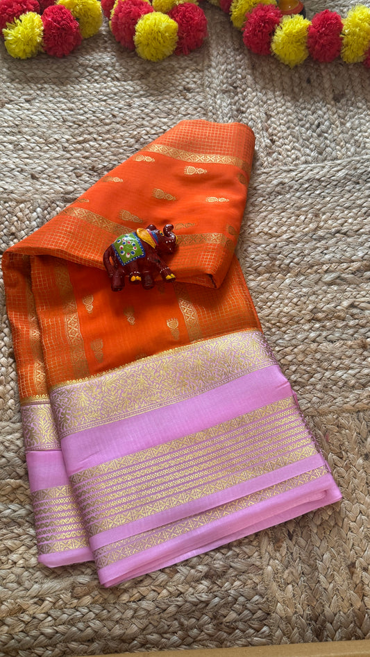 Pure Mysore Silk Saree - Jhumka Zari 2D Orange and Baby Pink