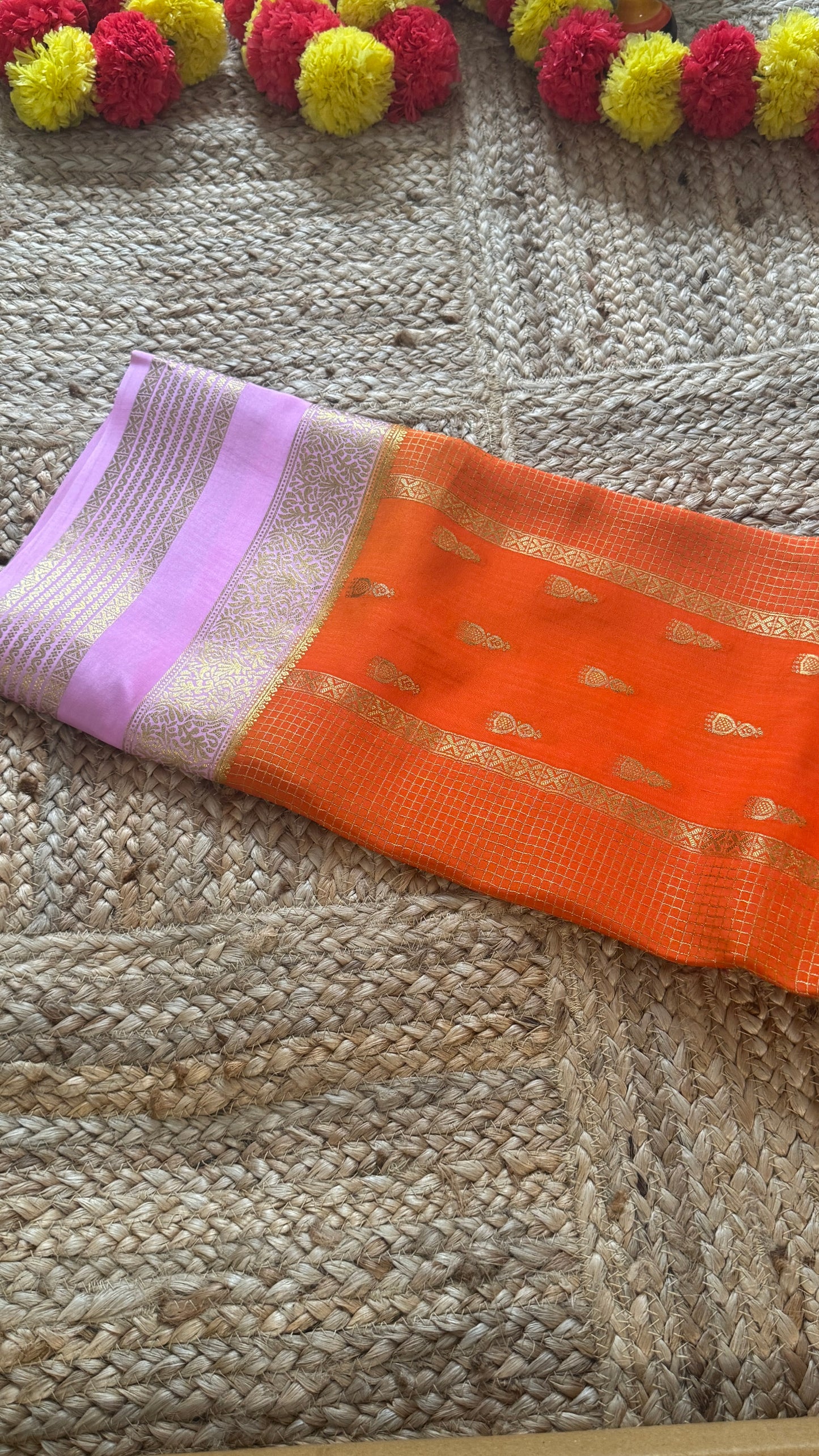 Pure Mysore Silk Saree - Jhumka Zari 2D Orange and Baby Pink