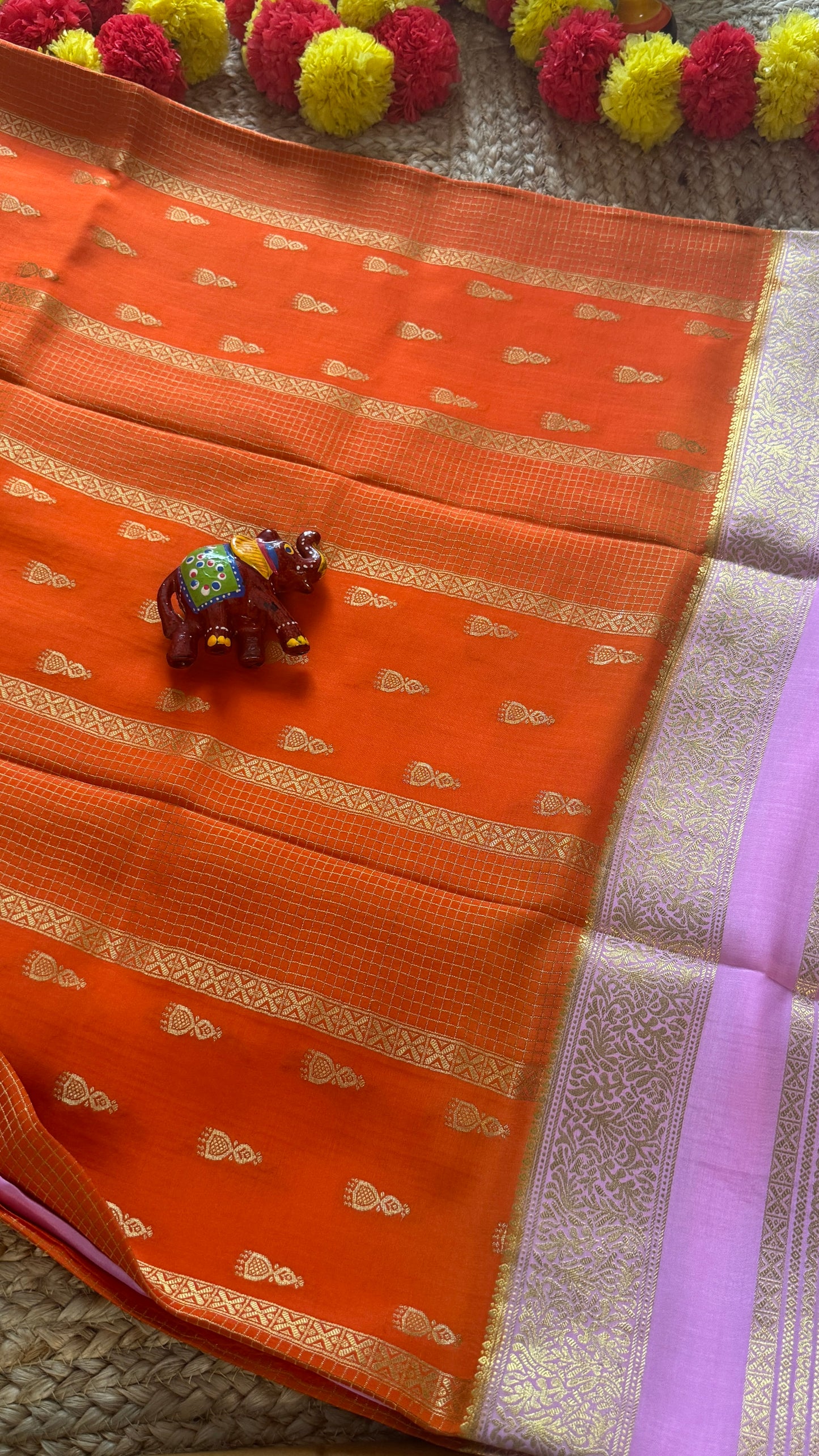 Pure Mysore Silk Saree - Jhumka Zari 2D Orange and Baby Pink