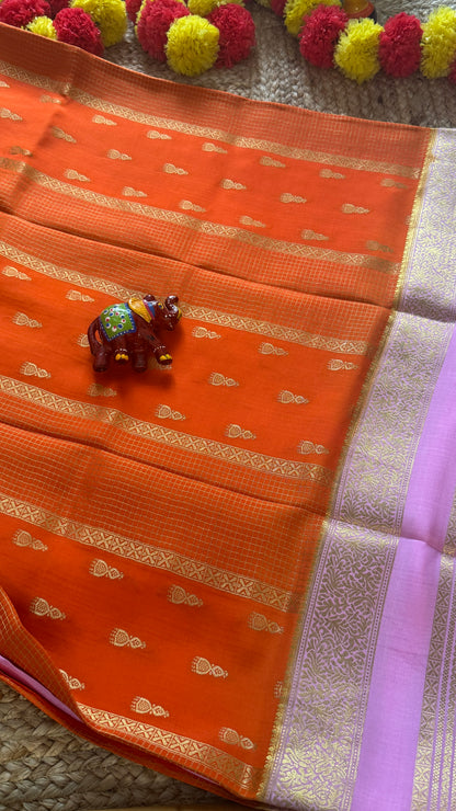 Pure Mysore Silk Saree - Jhumka Zari 2D Orange and Baby Pink