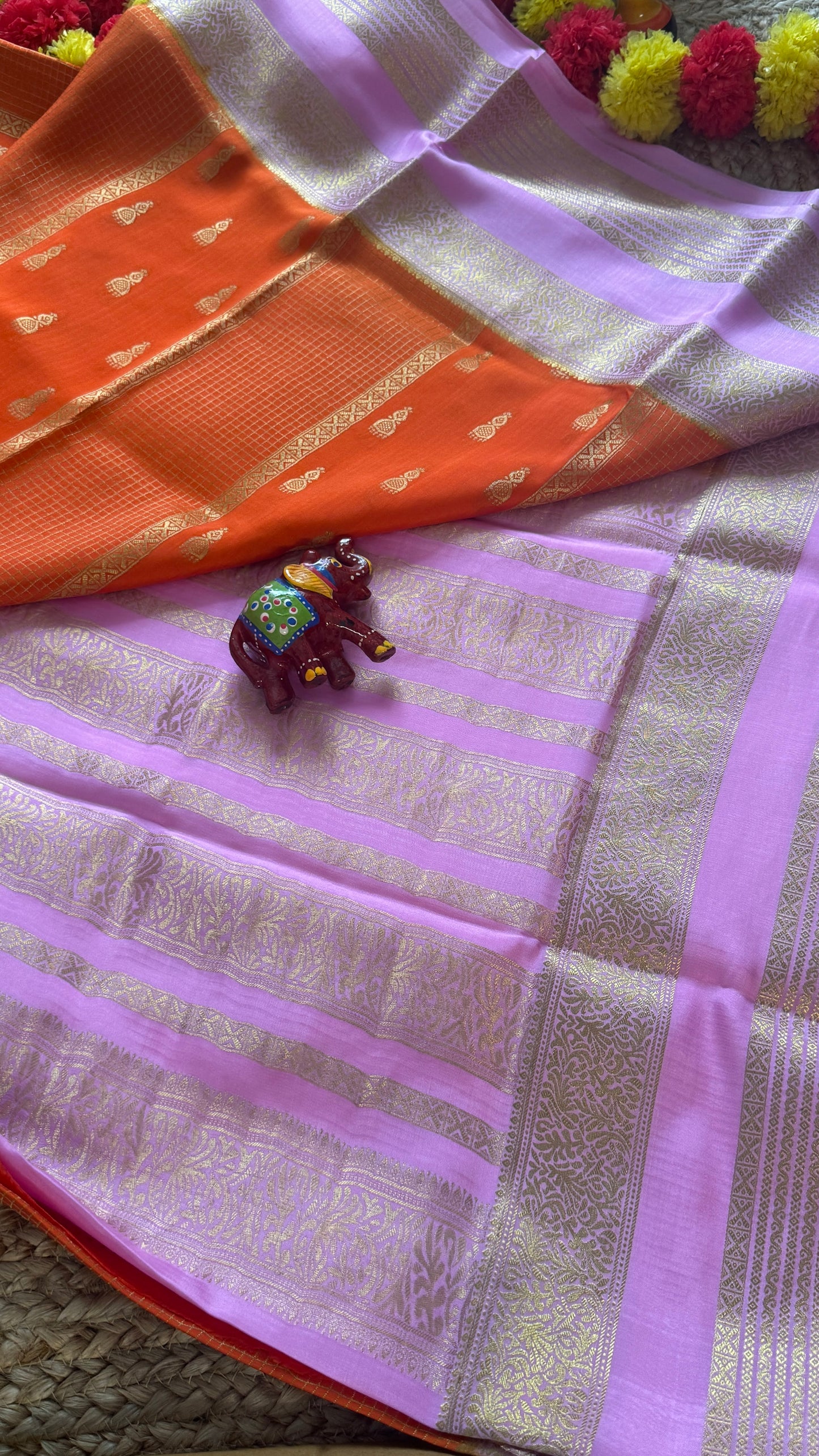 Pure Mysore Silk Saree - Jhumka Zari 2D Orange and Baby Pink