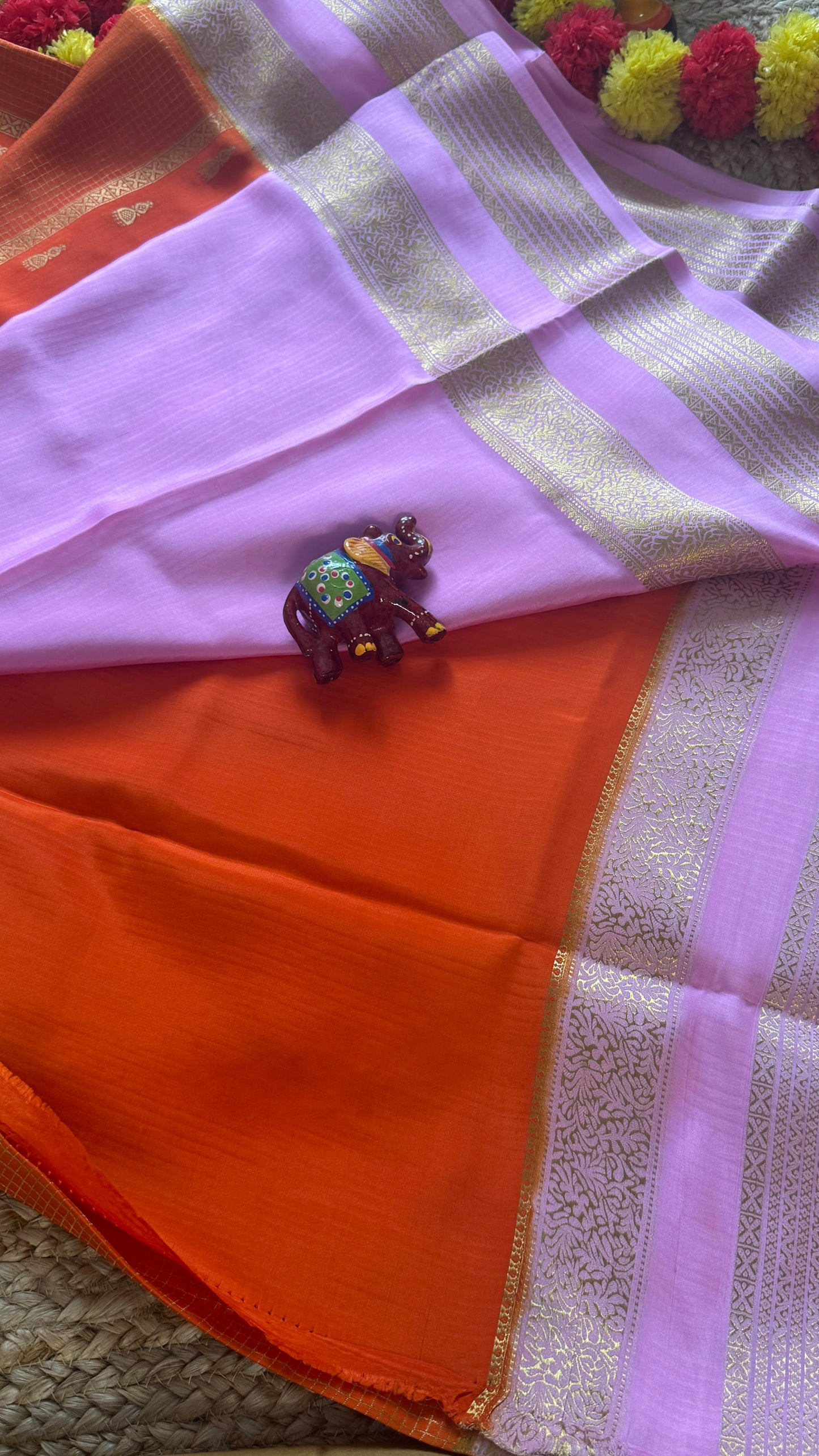 Pure Mysore Silk Saree - Jhumka Zari 2D Orange and Baby Pink