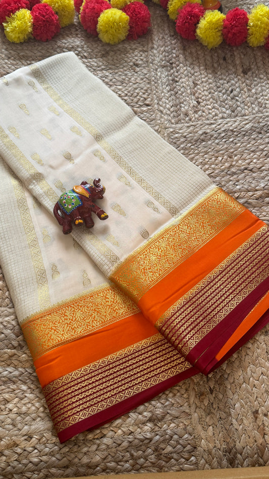 Pure Mysore Silk Saree - Jhumka Zari 3D Off White Orange and Maroon