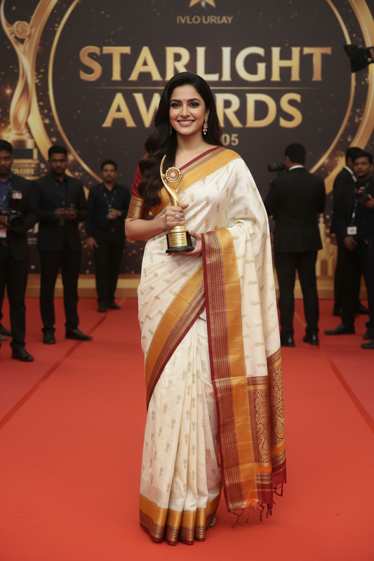 Pure Mysore Silk Saree - Jhumka Zari 3D Off White Orange and Maroon