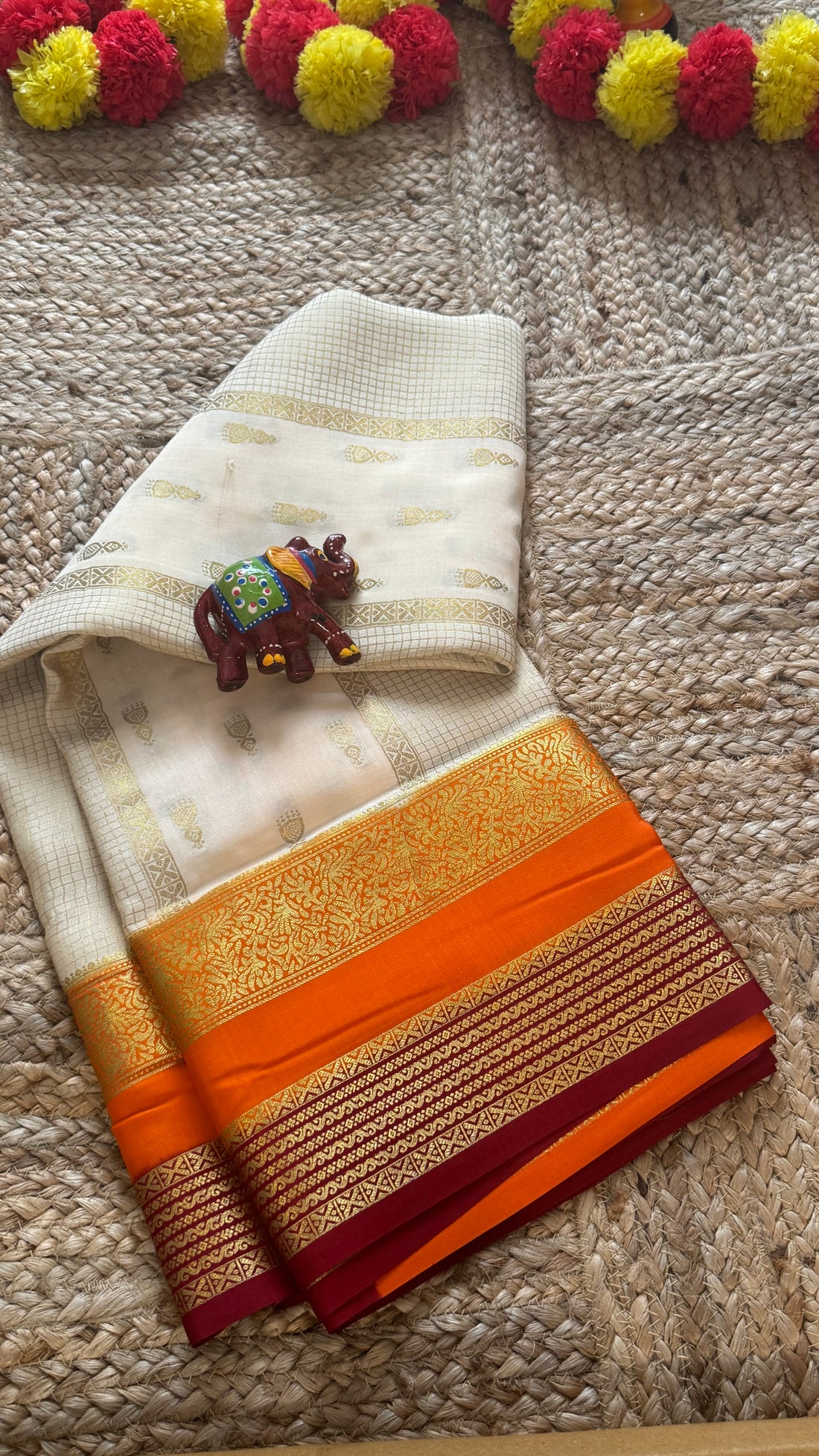 Pure Mysore Silk Saree - Jhumka Zari 3D Off White Orange and Maroon